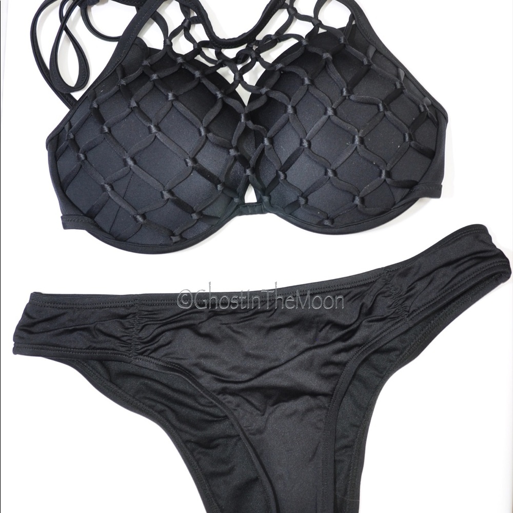 Shade & Shore Netted Halter Bikini Top Size 32DD (34D) NWT Black Lift Padded Bra